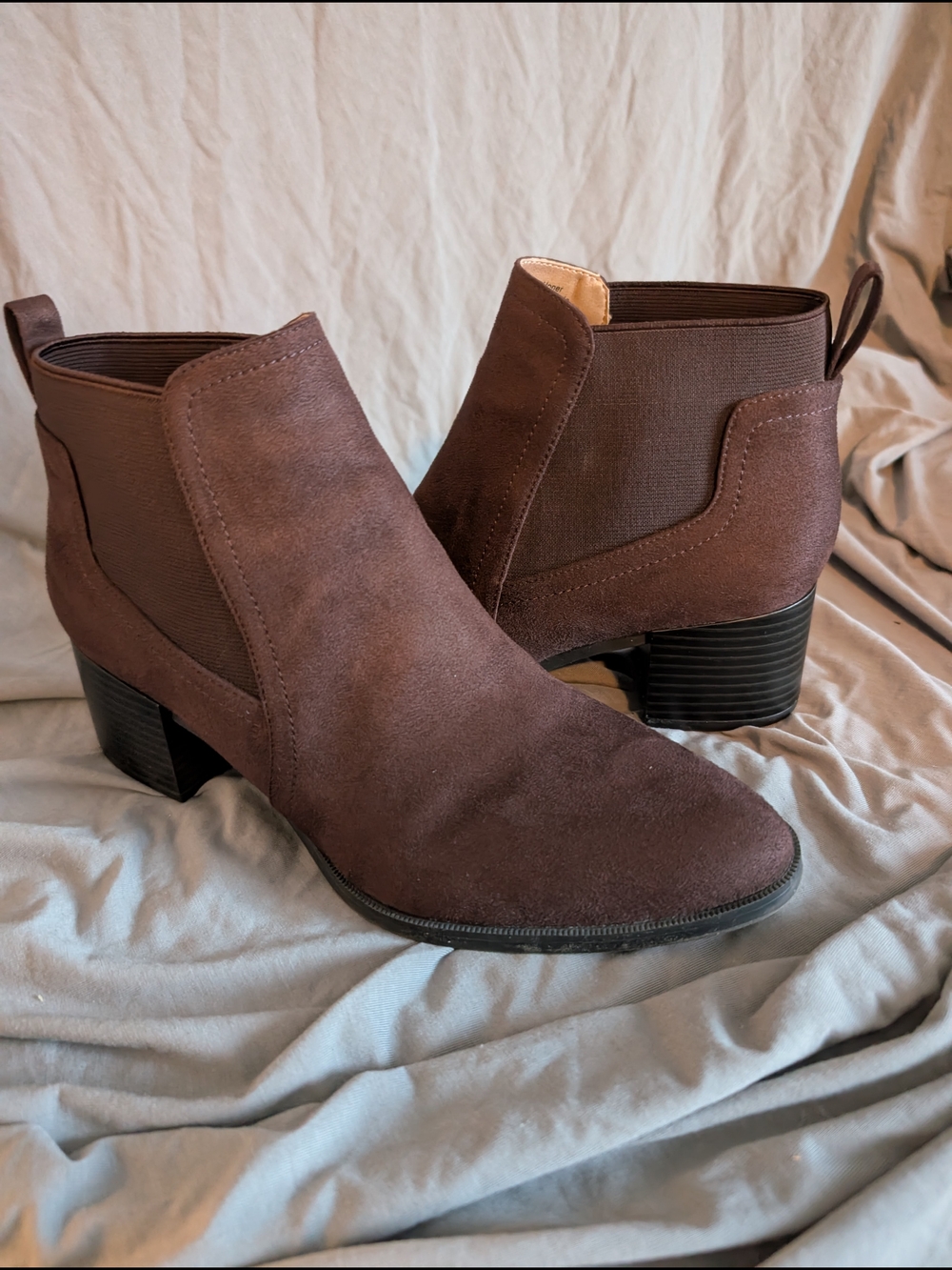 Life Stride Brown Suede Ankle Booties with Block Heel